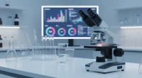 Изображение медицинского оборудования в лаборатории, микроскоп с образцом легочной ткани, графики клинических тестов на