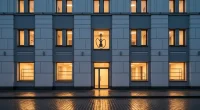 Вечерний вид на улицу Калининграда с фасадом здания, где мог бы располагаться кальянный бизнес.