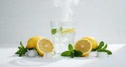 Натюрморт с лимонами, свежей мятой и кубиками льда, символизирующий свежесть и чистоту вкуса, на темном фоне с легким ды