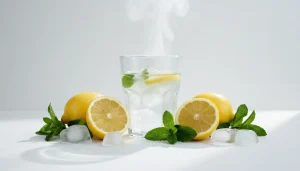 Натюрморт с лимонами, свежей мятой и кубиками льда, символизирующий свежесть и чистоту вкуса, на темном фоне с легким ды
