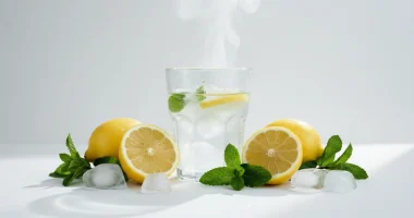 Натюрморт с лимонами, свежей мятой и кубиками льда, символизирующий свежесть и чистоту вкуса, на темном фоне с легким ды