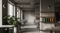 Современный интерьер кальянной в стиле лофт с минималистичной мебелью и зелёными растениями