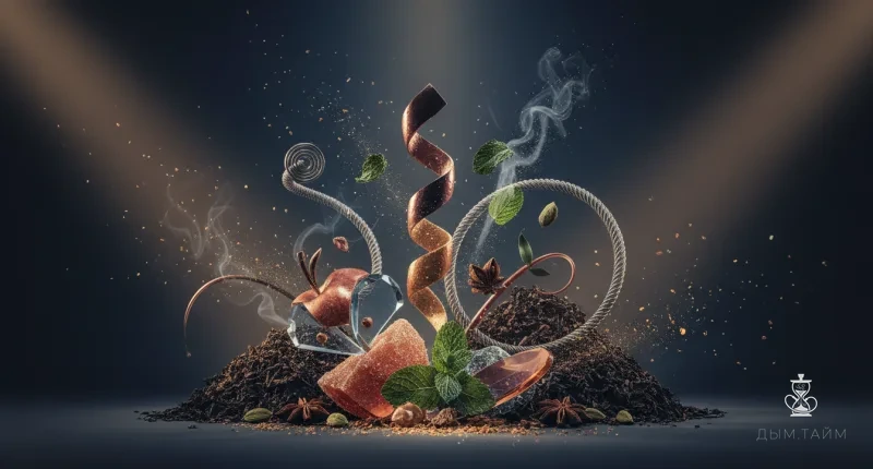 Атмосферное изображение, символизирующее разнообразие и сложность вкусовых сочетаний кальянных табаков, с элементами фру