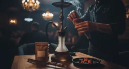 Руки кальянщика в стильной московской кальянной, готовящего кальян. Фокус на деталях процесса, размытый фон интерьера.
