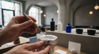 Крупный план рук, прокалывающих фольгу для кальяна специальным инструментом, на фоне размытого интерьера кальянной.