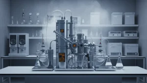Лабораторное оборудование для анализа газов, с легким дымом на фоне, символизирующее исследование монооксида углерода