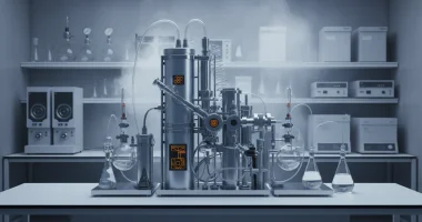 Лабораторное оборудование для анализа газов, с легким дымом на фоне, символизирующее исследование монооксида углерода