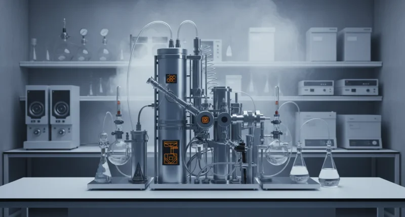 Лабораторное оборудование для анализа газов, с легким дымом на фоне, символизирующее исследование монооксида углерода