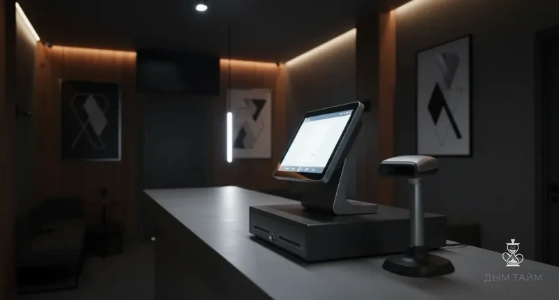 Современная кассовая зона в кальянной с 2D-сканером для маркировки табака.