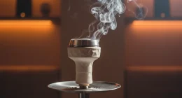Крупный план кальянной чаши с устройством управления жаром, из которой поднимается легкий дым, на фоне размытого интерье