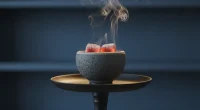 Кальянная чаша с тлеющими углями, от которых поднимается легкий дым, на размытом фоне