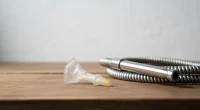Одноразовый мундштук на столе рядом с кальянным шлангом, символизирующий дилемму гигиены и экологии.
