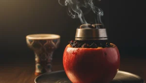 Фруктовая чаша для кальяна, крупный план, с поднимающимся дымом, на заднем плане обычная чаша