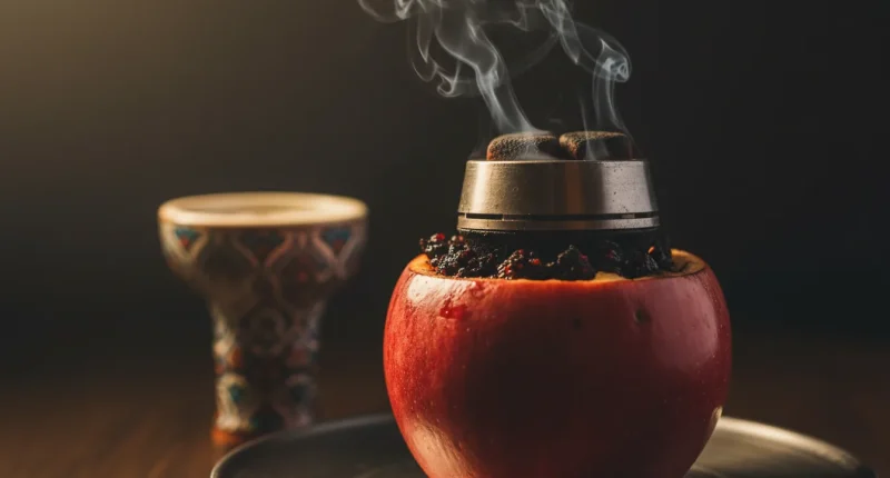 Фруктовая чаша для кальяна, крупный план, с поднимающимся дымом, на заднем плане обычная чаша