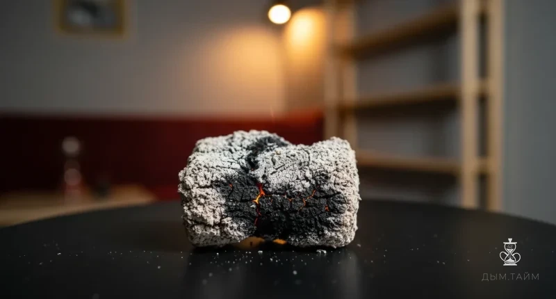 Крупный план кальянного угля с пеплом и искрами на фоне размытой кальянной