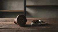 Крупный план нераскуренной чаши для кальяна с табаком на темном деревянном столе, рядом открытая банка с табаком.