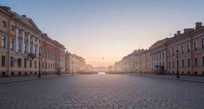 Пустая улица Санкт-Петербурга в период белых ночей, исторические здания на фоне.