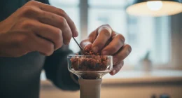 Руки кальянного мастера аккуратно укладывают табак в чашу, демонстрируя процесс плотной забивки.