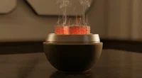 Крупный план раскалённых кокосовых углей на устройстве для контроля жара, лежащем на чаше кальяна