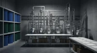 Индустриальная установка для производства табачных смесей, с множеством труб и приборов, без людей в кадре.