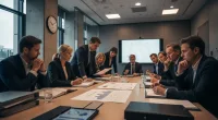 Группа людей за столом переговоров, обсуждающих документы и графики. Атмосфера серьезного обсуждения и принятия решений