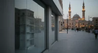 Улица современного ближневосточного города на закате, на переднем плане размытый силуэт магазина, на заднем плане — осве