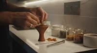 Руки кальянного мастера аккуратно укладывают табак в чашу, на заднем плане видны немаркированные контейнеры с табаком.