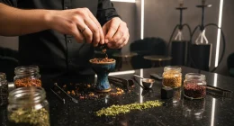 Руки кальянного мастера аккуратно готовят чашу для кальяна на чистом рабочем месте, демонстрируя процесс создания стабил