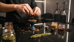 Руки кальянного мастера аккуратно готовят чашу для кальяна на чистом рабочем месте, демонстрируя процесс создания стабил