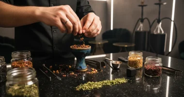 Руки кальянного мастера аккуратно готовят чашу для кальяна на чистом рабочем месте, демонстрируя процесс создания стабил