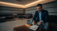 Менеджер кальянной изучает новые законодательные документы и информационные плакаты о вреде табака на планшете.
