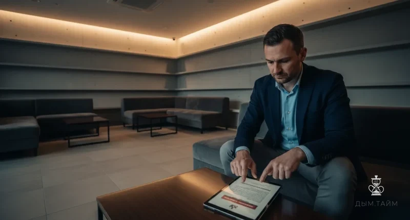 Менеджер кальянной изучает новые законодательные документы и информационные плакаты о вреде табака на планшете.