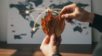 Крупный план высушенных табачных листьев, на заднем плане размытая карта мировых торговых путей