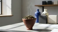 Крупный план чаши кальяна, наполненной сухими чайными листьями, с легким паром