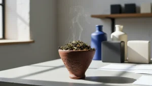 Крупный план чаши кальяна, наполненной сухими чайными листьями, с легким паром