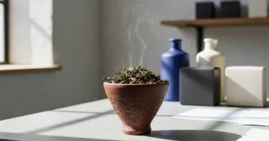 Крупный план чаши кальяна, наполненной сухими чайными листьями, с легким паром