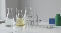 Лабораторное оборудование с прозрачными жидкостями и растительными волокнами, символизирующими компоненты для бестабачны