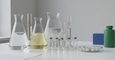 Лабораторное оборудование с прозрачными жидкостями и растительными волокнами, символизирующими компоненты для бестабачны