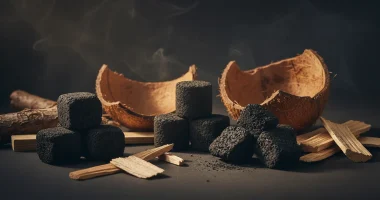 Различные виды угля для кальяна: брикеты из кокосовой скорлупы и куски древесного угля.