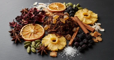 Ингредиенты для новых кальянных вкусов: травы, специи и экзотические фрукты на темном фоне.