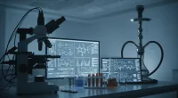 Изображение лабораторного оборудования и научных приборов, символизирующее исследования воздействия кальяна на здоровье,