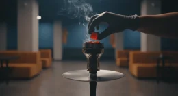 Рука кальянщика, готовящего кальян в полумраке заведения, символизирующая изменения в индустрии.