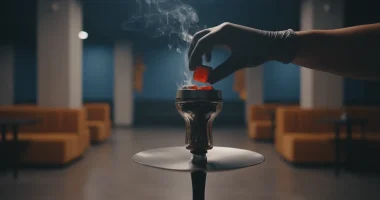 Рука кальянщика, готовящего кальян в полумраке заведения, символизирующая изменения в индустрии.