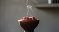 Макрофотография кальянной чаши с тлеющими углями, видны табак и лёгкий дым. Фокус на взаимодействии тепла и материала.