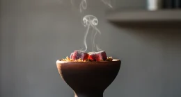 Макрофотография кальянной чаши с тлеющими углями, видны табак и лёгкий дым. Фокус на взаимодействии тепла и материала.