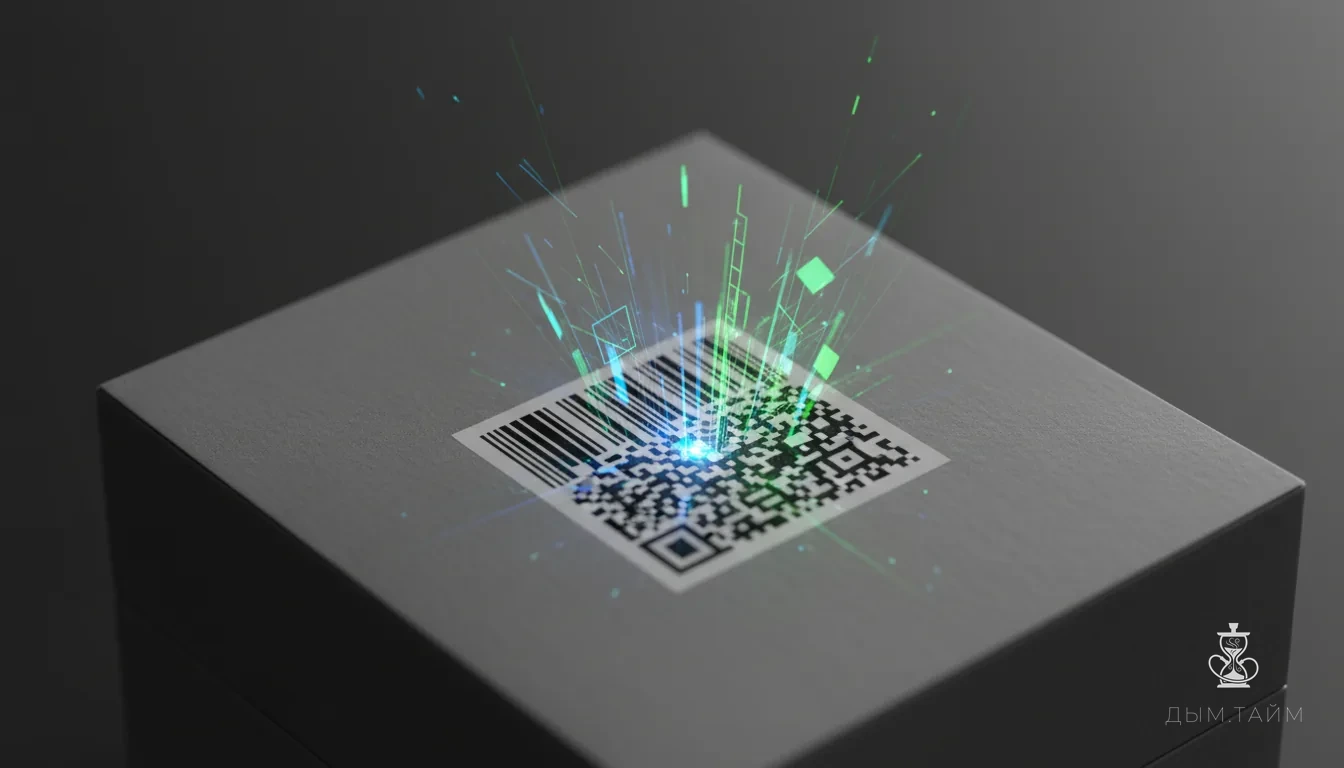 Крупный план кода Data Matrix на упаковке табака.