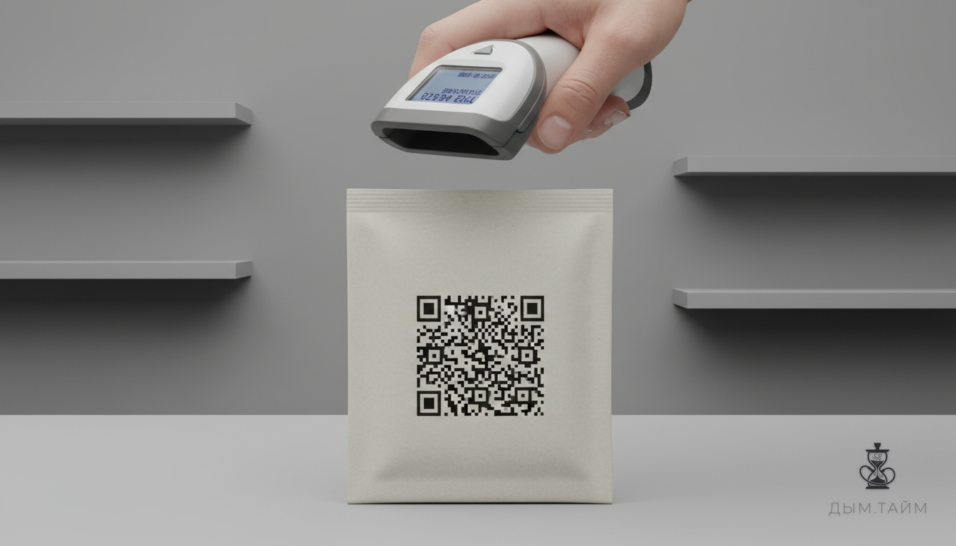 Рука сканирует Data Matrix код на упаковке табака.
