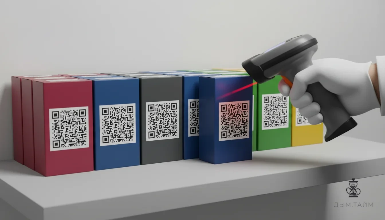 Рука сканирует Data Matrix код на упаковке табака для кальяна.