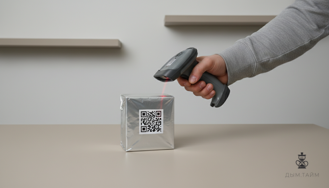 Сканер считывает Data Matrix код с упаковки кальянной смеси.