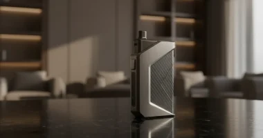 Устройство для нагревания табака с футуристичным дизайном, напоминающим спортивный автомобиль, на полированной поверхнос